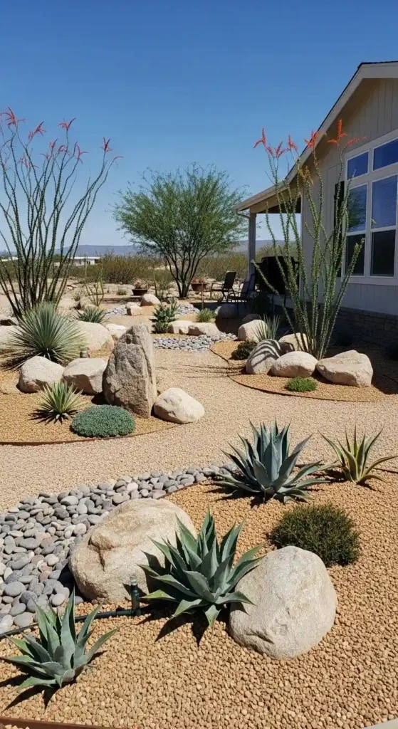 Double wide landscaping ideas xeriscape eco friendly yard with rocks and native plants