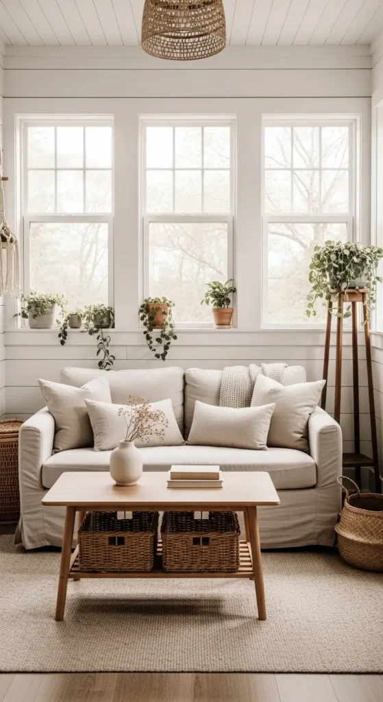 farmhouse cozy sunroom ideas for small spaces with rustic decor and natural light