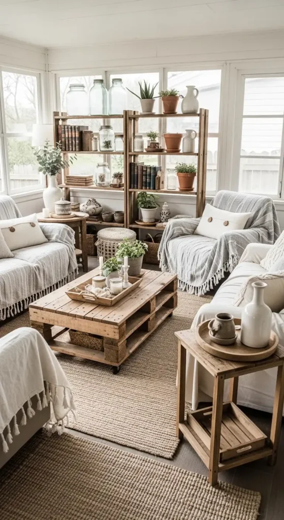 farmhouse cozy sunroom ideas on a budget with DIY rustic decor and thrift furniture