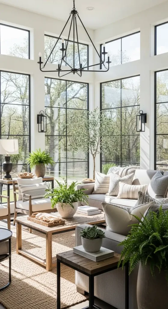 modern farmhouse cozy sunroom ideas with rustic wood and black metal decor