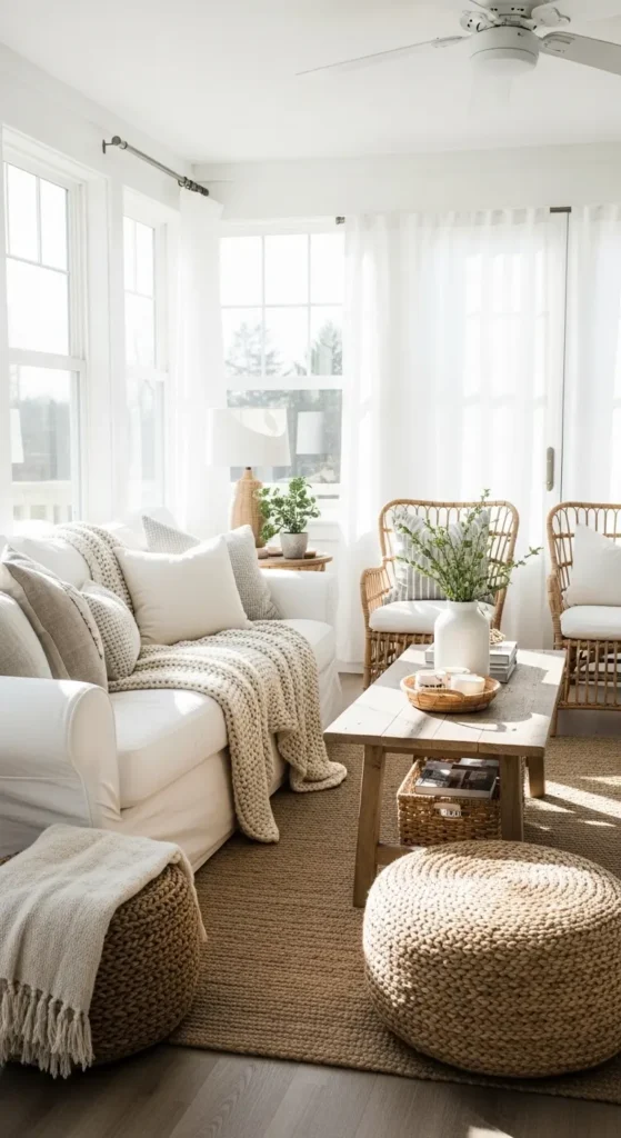 farmhouse cozy sunroom ideas with slipcovered sofa and rustic wicker furniture