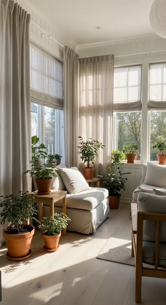 farmhouse cozy sunroom ideas with neutral tones and airy bright decor