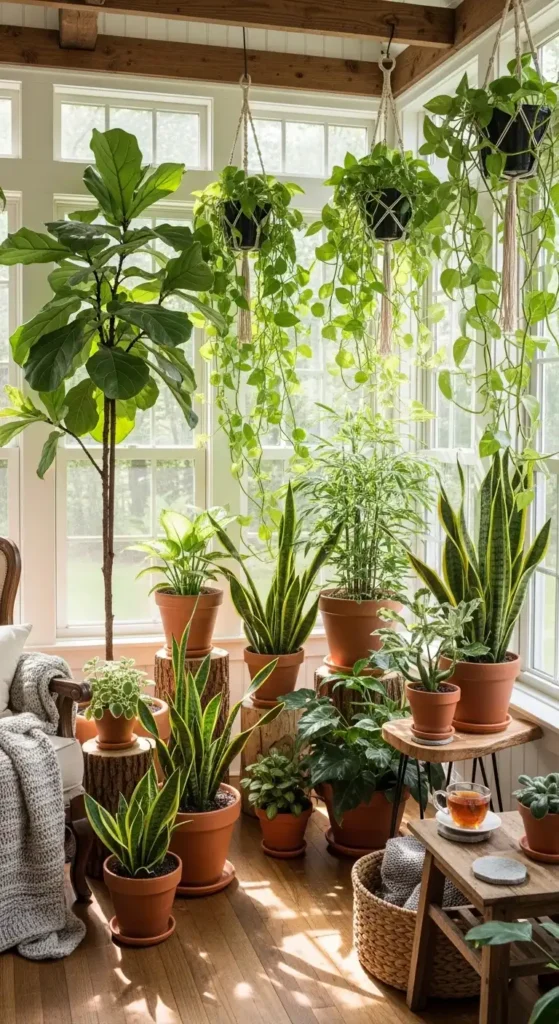 farmhouse cozy sunroom ideas with lush indoor plants and natural sunlight