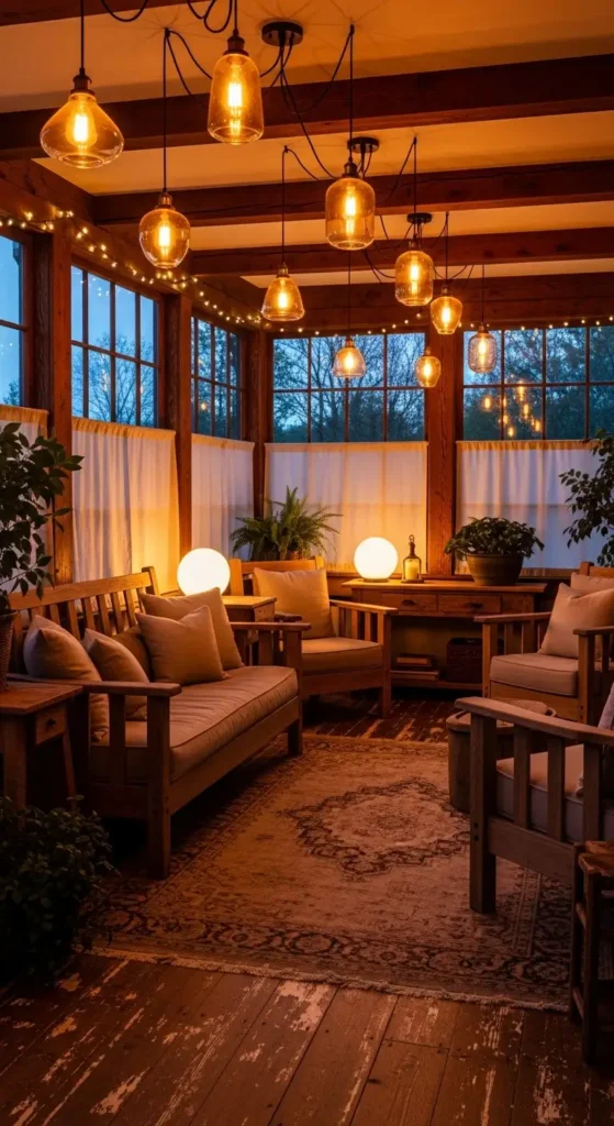 farmhouse cozy sunroom ideas with warm lighting and rustic ambiance