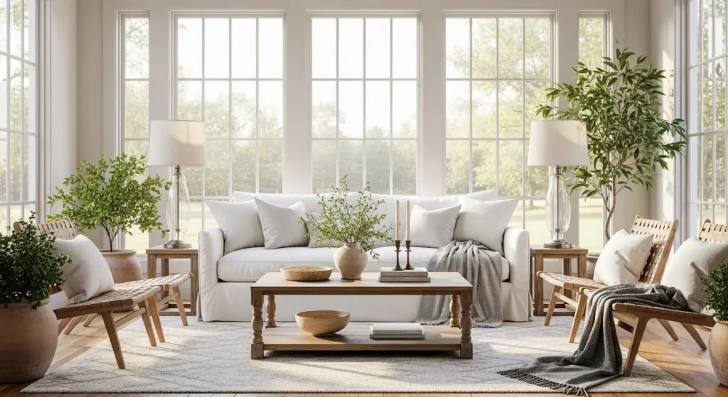 farmhouse cozy sunroom ideas with rustic furniture and natural light interior design