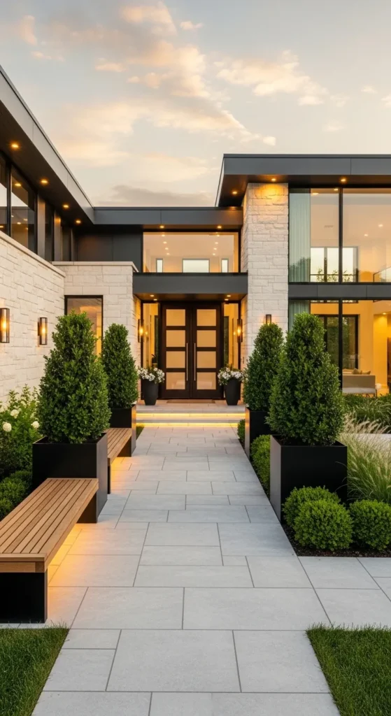 Front patio landscaping ideas modern home with pavers and greenery