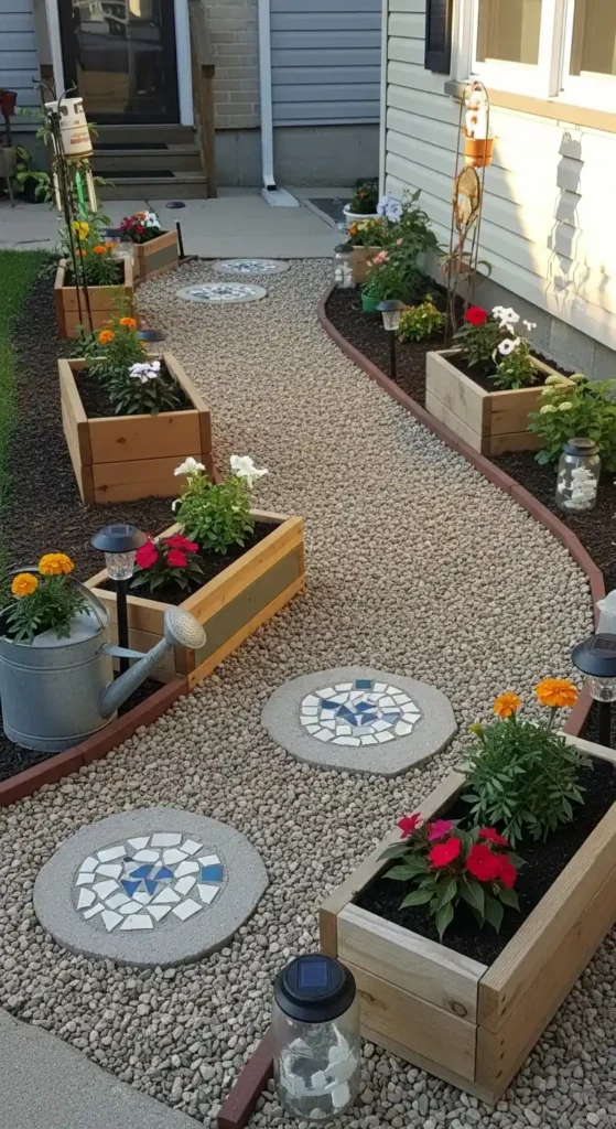 Front patio landscaping ideas budget DIY gravel and solar lights