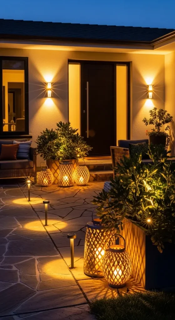 Front patio landscaping ideas warm lighting pathway and porch glow