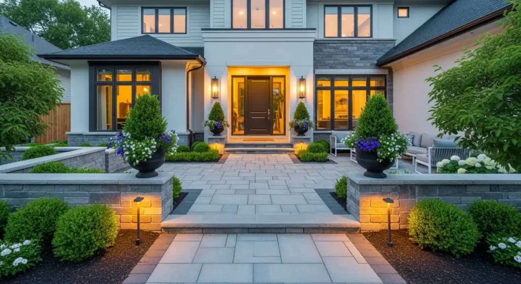 Front patio landscaping ideas modern home exterior with pavers greenery and lighting