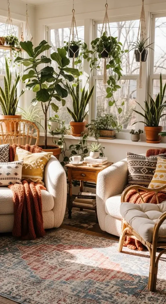 Cozy indoor sunroom furniture ideas with comfortable seating and soft textures