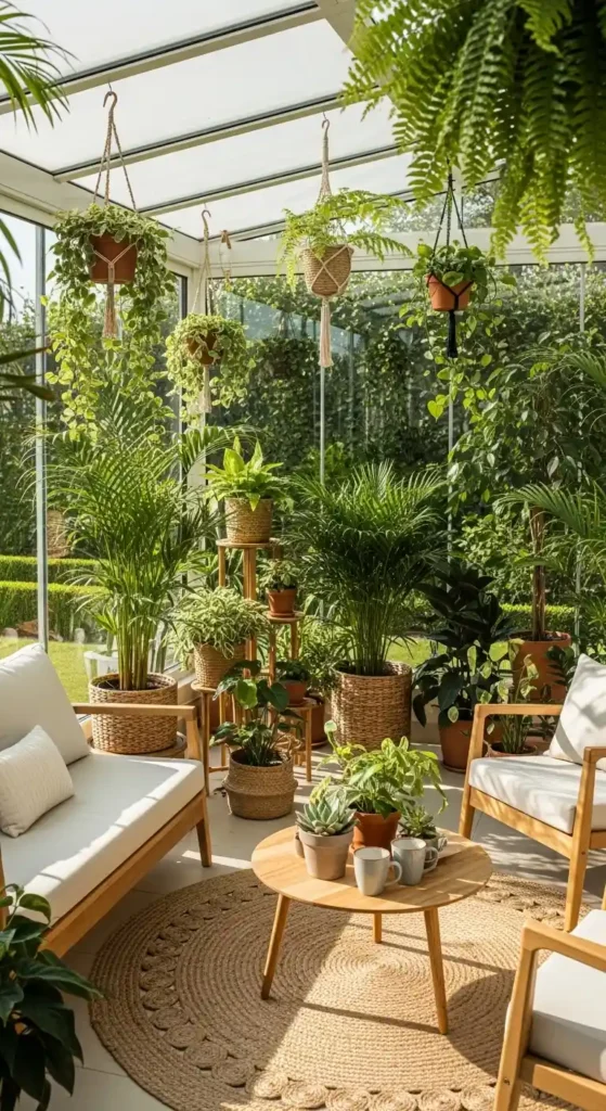 Indoor sunroom furniture ideas with natural elements and greenery decor