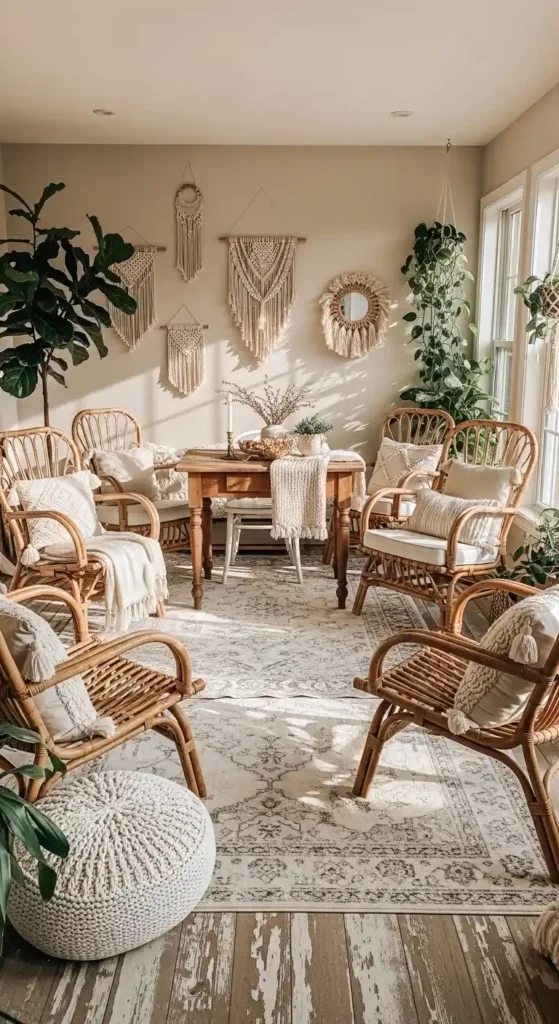 Indoor sunroom furniture ideas boho farmhouse style cozy rustic decor