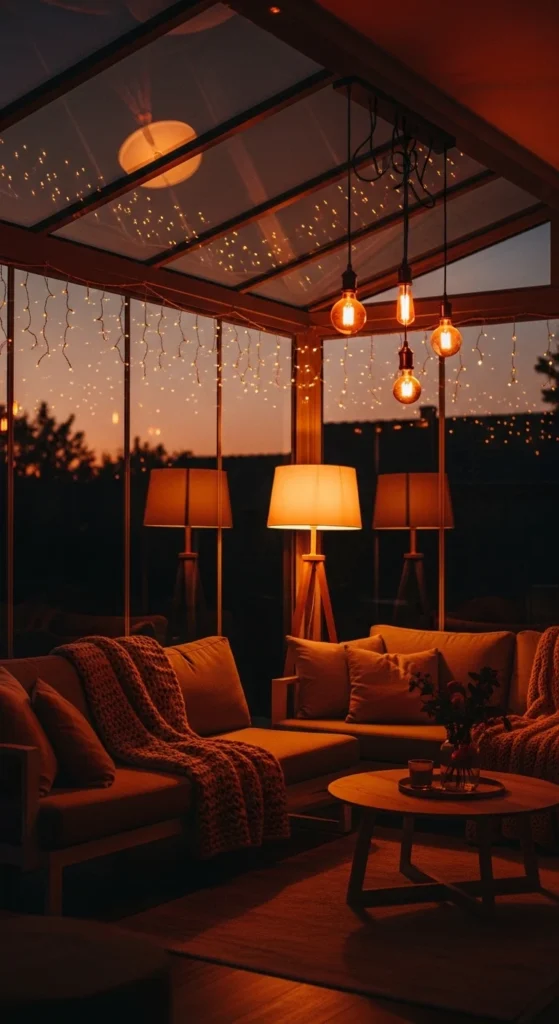Indoor sunroom furniture ideas warm lighting cozy evening atmosphere