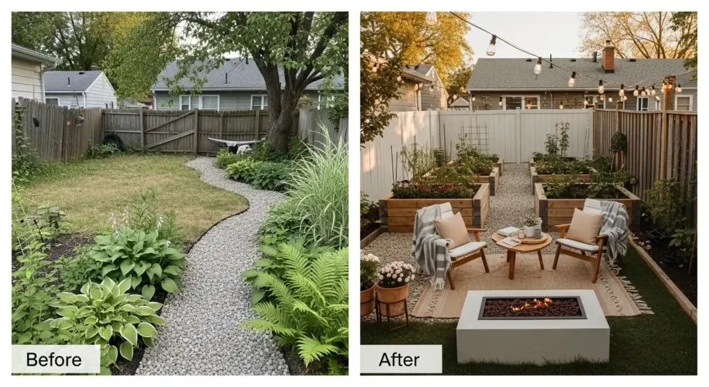 Landscaping ideas on a budget backyard transformation with cozy seating and plants