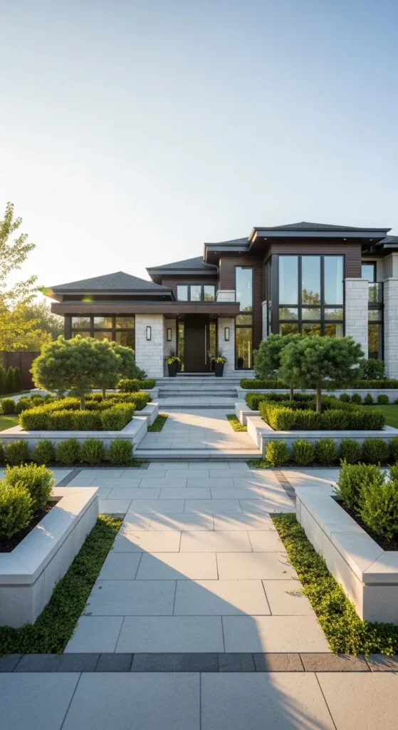 New home landscaping ideas modern front yard design with clean pathways and greenery