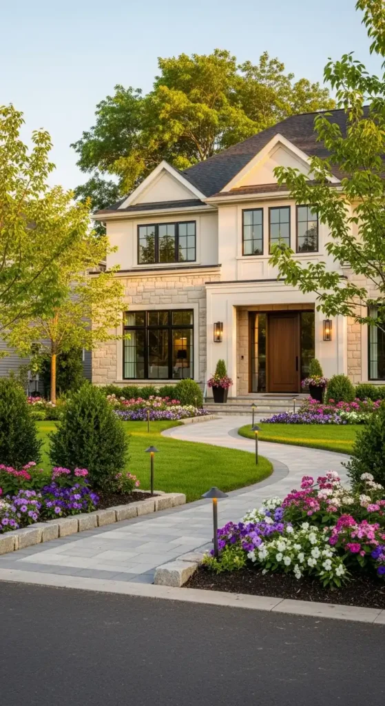 New home landscaping ideas for stunning curb appeal with flowers and pathway lighting