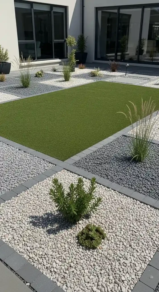 New home landscaping ideas low maintenance garden with artificial turf and gravel design