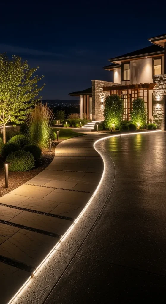 New home landscaping ideas outdoor lighting and stone hardscape walkway design