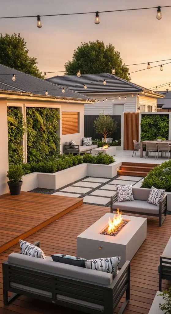 new home landscaping ideas for backyard transformation with modern outdoor seating fire pit and garden lighting