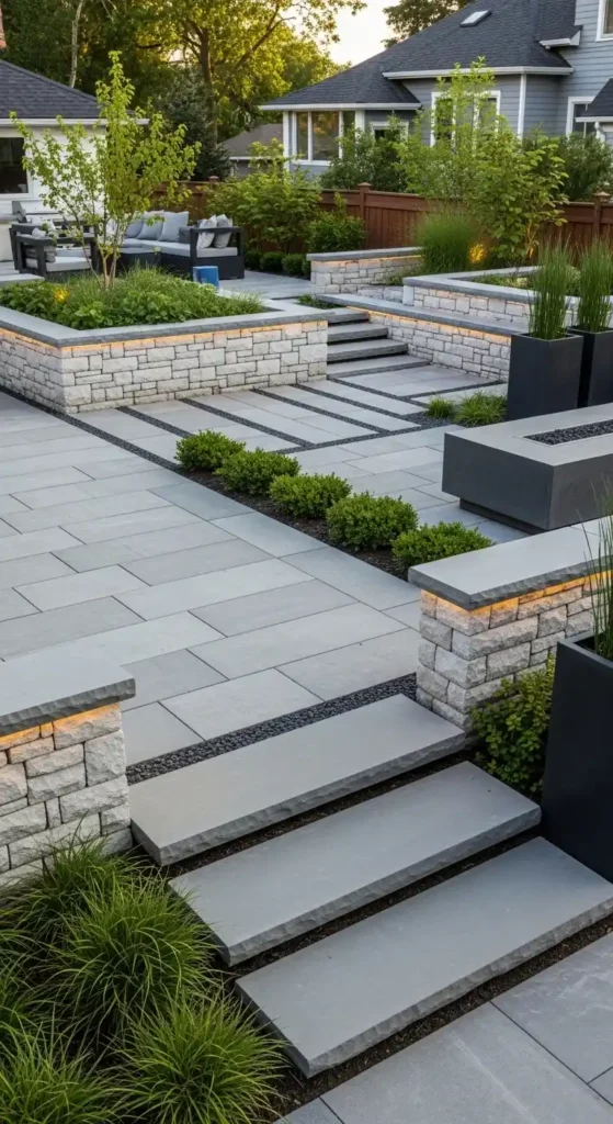 backyard hardscaping design with patio and stone pathways