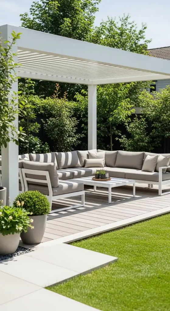 modern outdoor living space backyard with seating and pergola