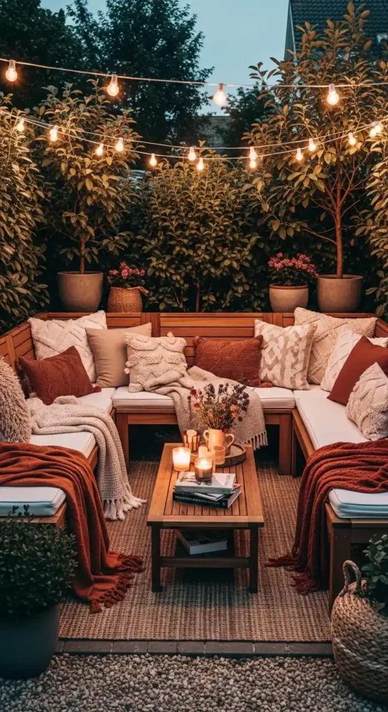 Outdoor landscaping ideas backyard cozy seating area with cushions and lights