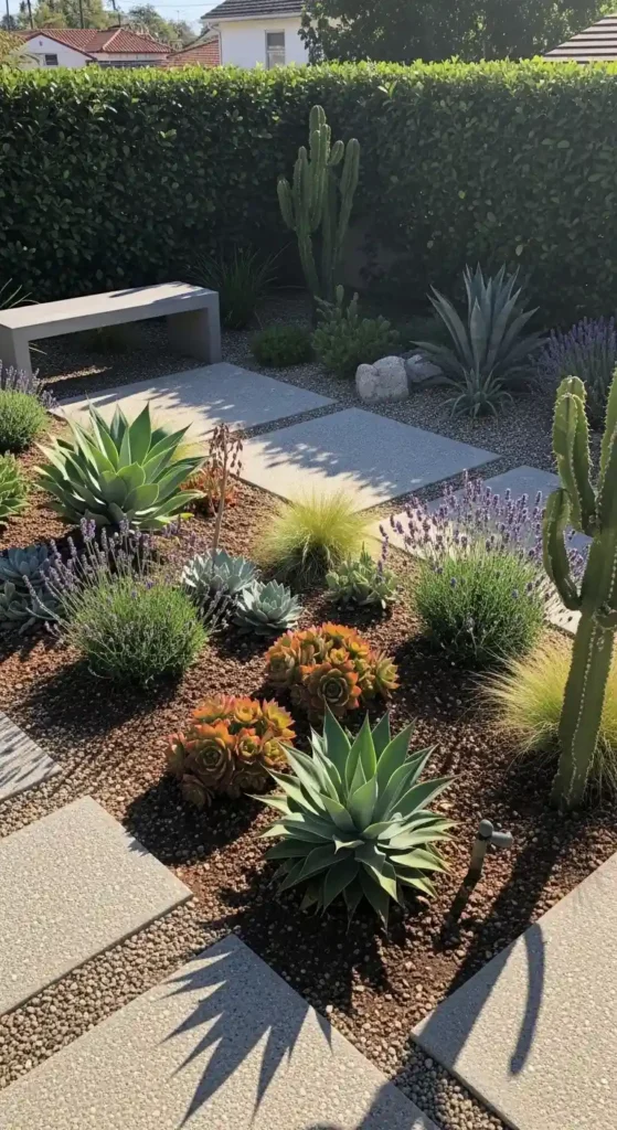 low maintenance backyard garden design with drought tolerant plants