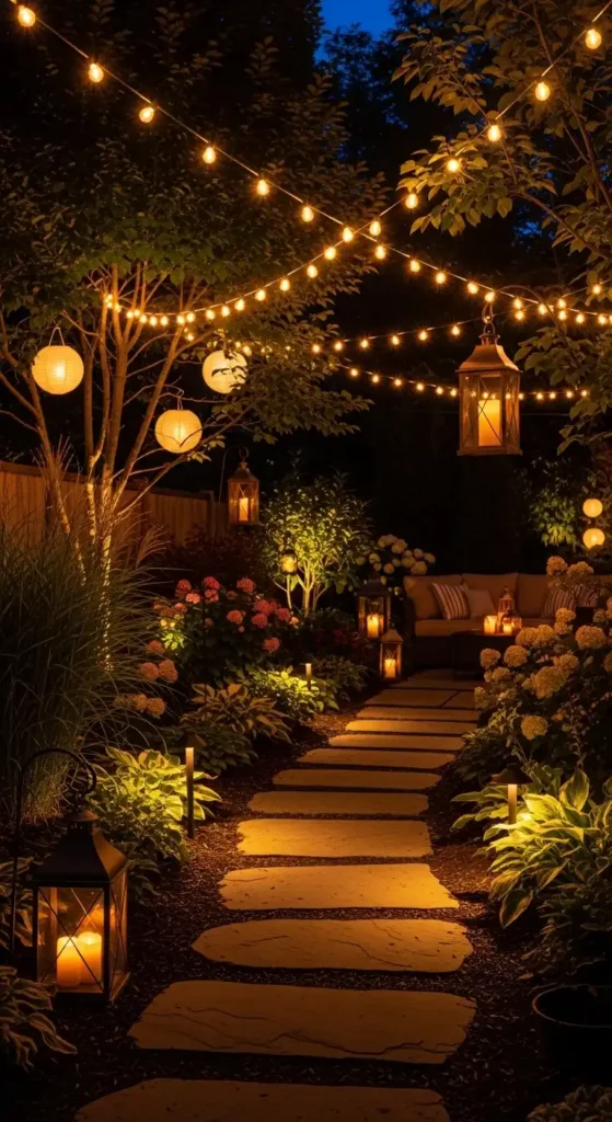 backyard lighting design with string lights and warm ambience