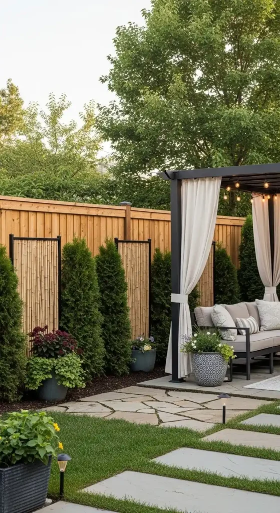 Outdoor landscaping ideas backyard privacy screening with plants and fencing