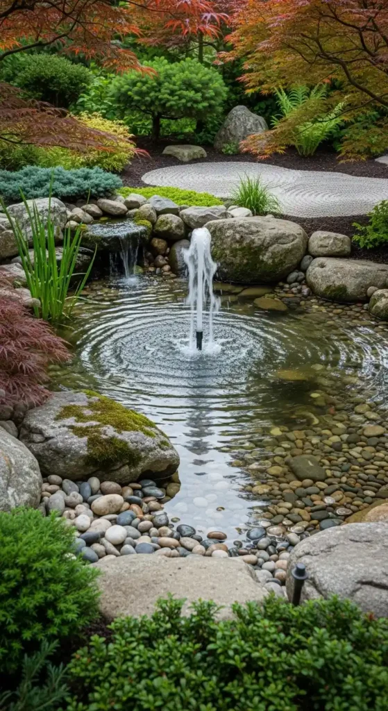 backyard water feature with fountain and natural landscaping elements