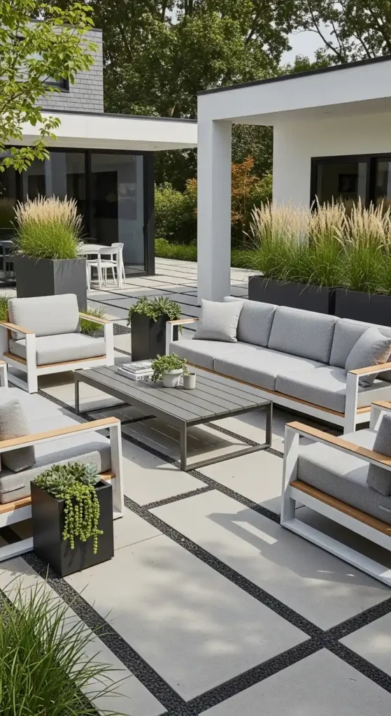 Pavers backyard landscaping ideas with modern concrete patio design