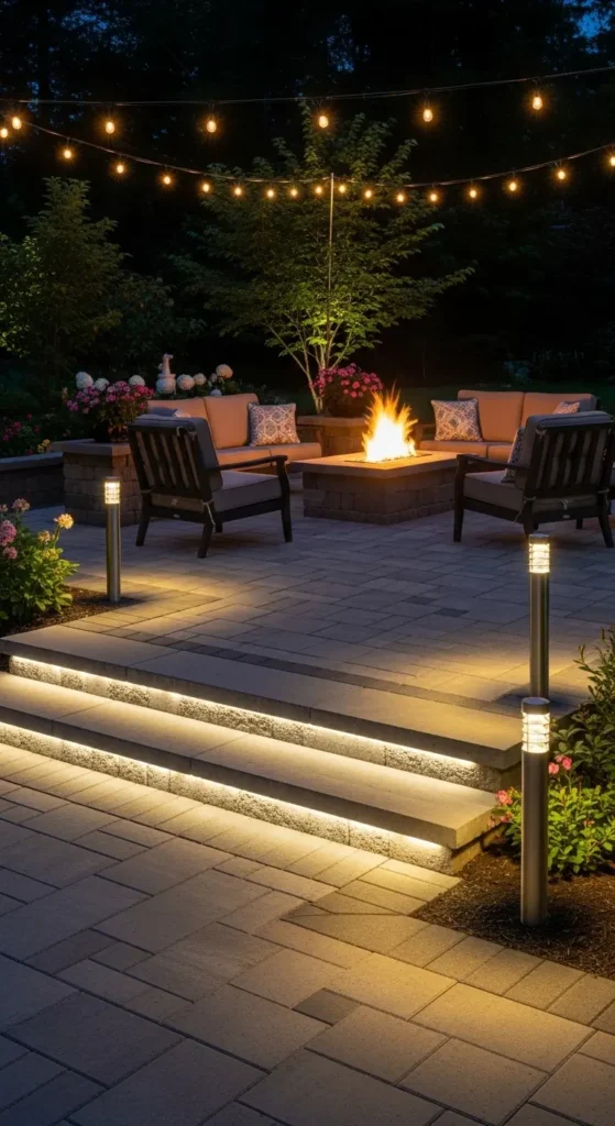Pavers backyard landscaping ideas with outdoor lighting design