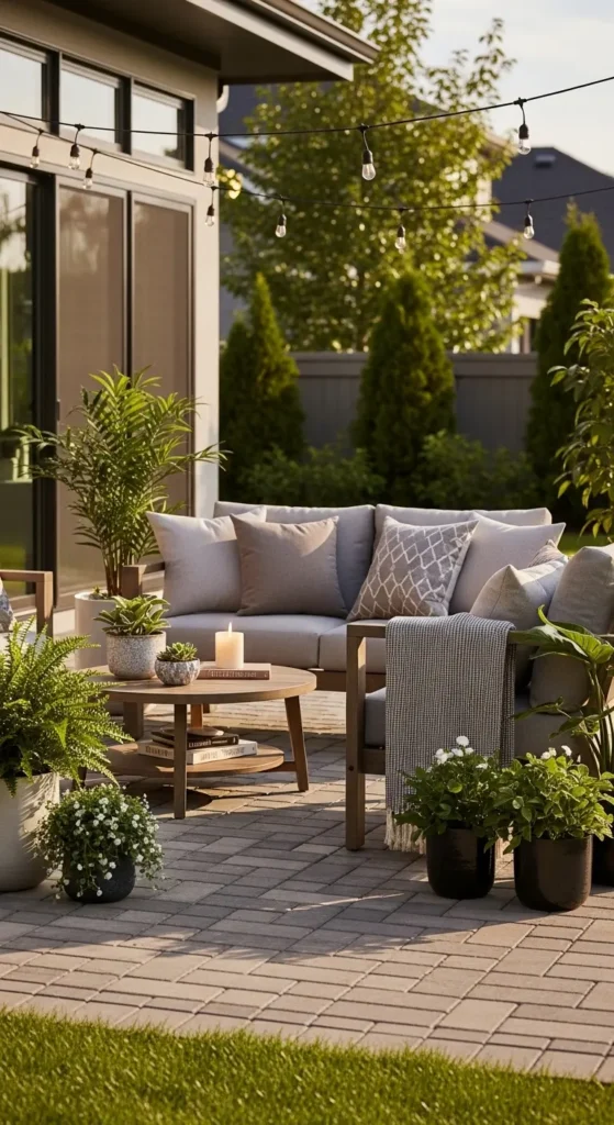 Pavers backyard landscaping ideas with cozy seating area