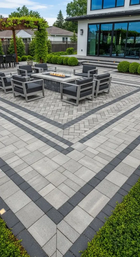 Pavers backyard landscaping ideas with herringbone pattern design
