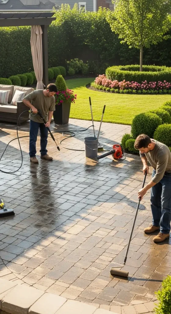 Pavers backyard landscaping ideas with maintenance and cleaning