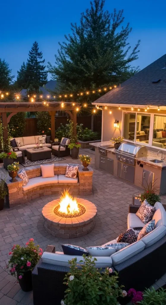Pavers backyard landscaping ideas with fire pit and outdoor kitchen