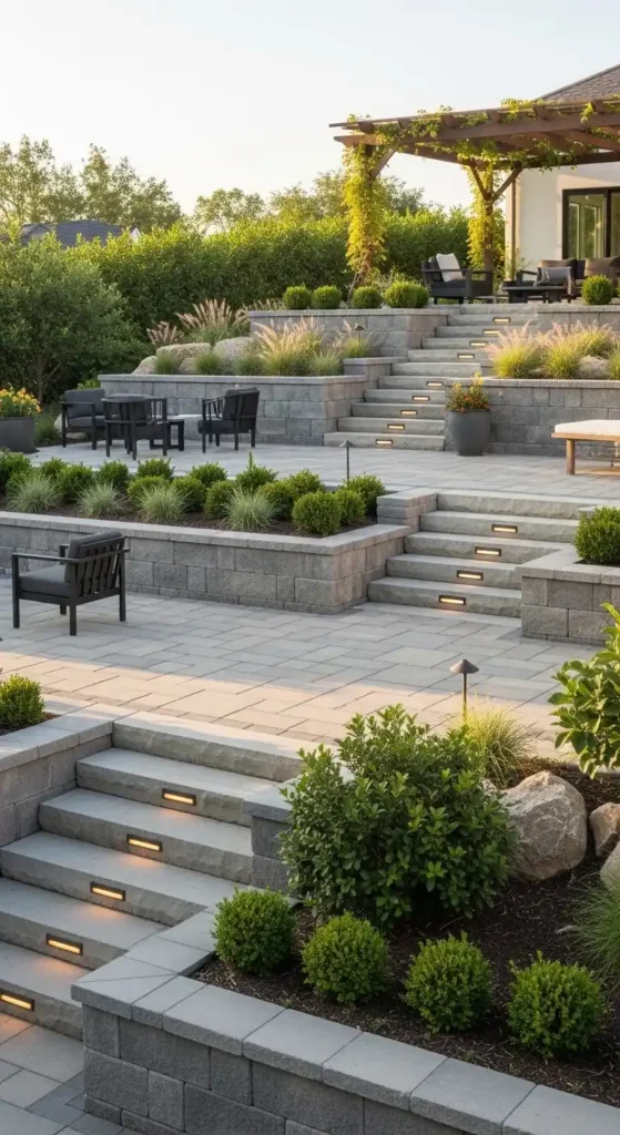 Pavers backyard landscaping ideas for sloped yard with tiered patio