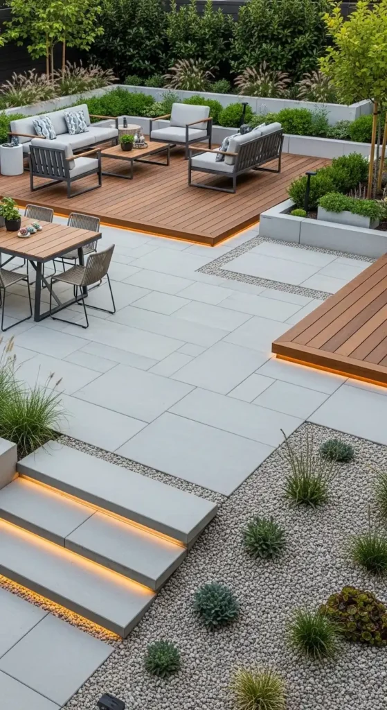 Pavers backyard landscaping ideas with mixed materials design