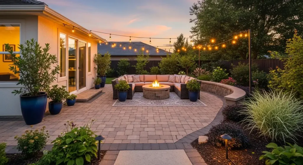 Pavers backyard landscaping ideas with modern patio and cozy outdoor seating