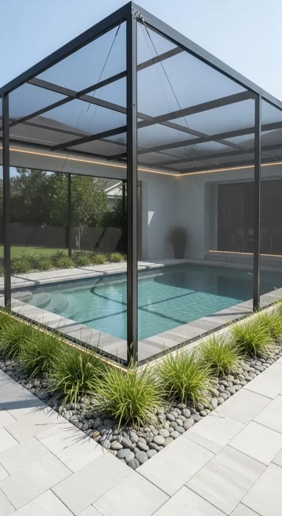 Pool cage landscaping ideas with modern minimalist backyard pool design