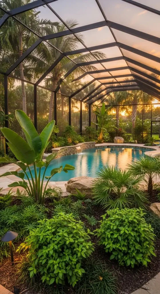 Pool cage landscaping ideas tropical backyard with lush greenery and palm trees