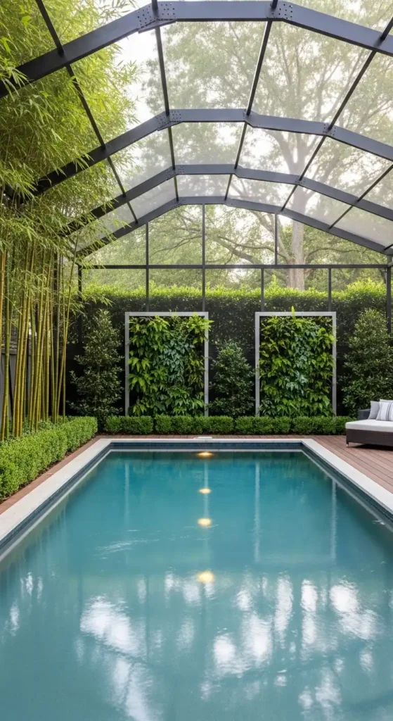 Pool cage landscaping ideas with natural privacy screens and greenery walls