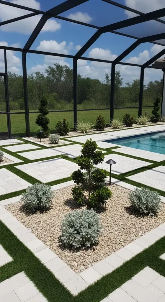 Pool cage landscaping ideas low maintenance backyard with gravel and simple plants