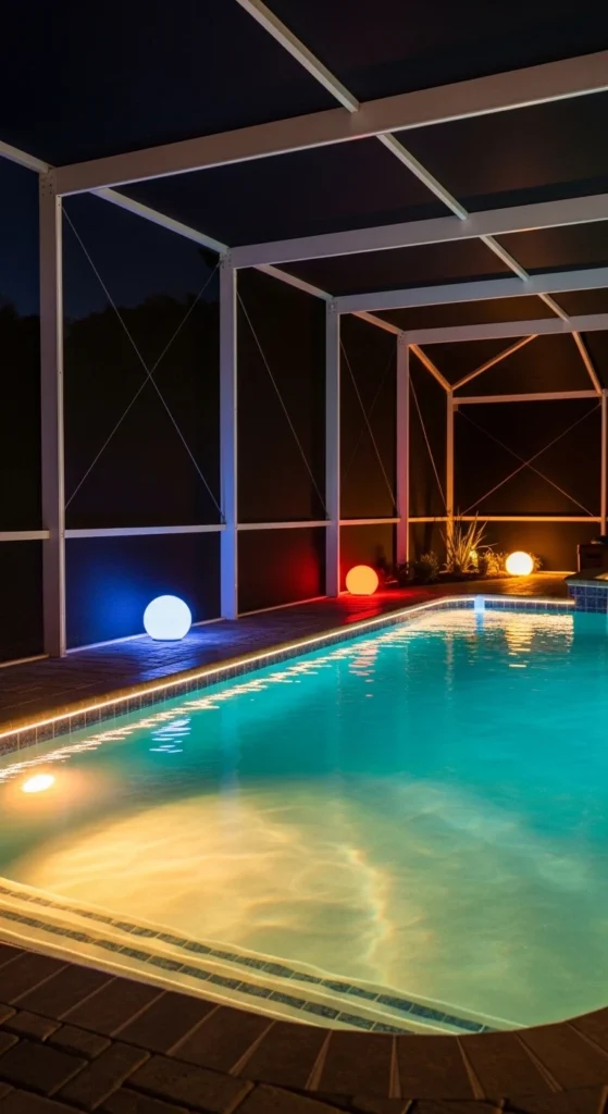 Pool cage landscaping ideas with LED lighting and illuminated backyard pool design