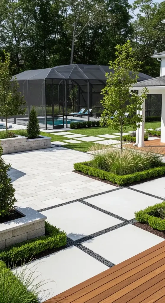 Pool cage landscaping ideas with stone pathways and modern hardscape design