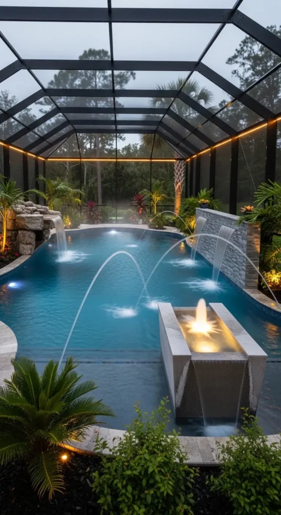 Pool cage landscaping ideas with waterfall and modern water features
