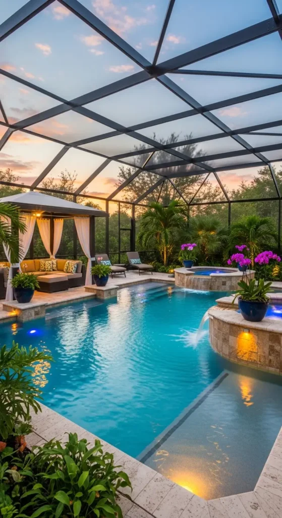 Pool cage landscaping ideas luxury resort style backyard with tropical design