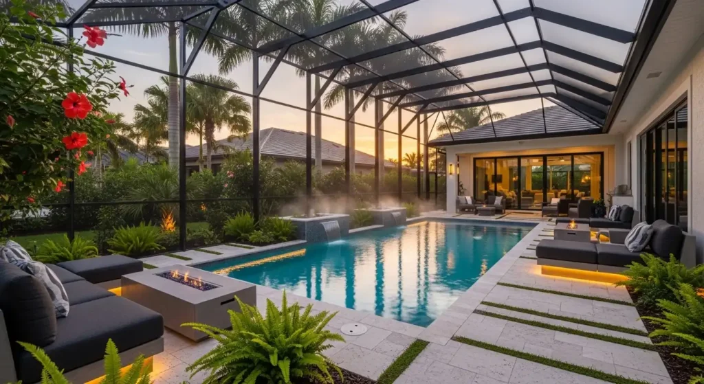 Pool cage landscaping ideas for a luxury backyard oasis with tropical plants, modern lighting, and elegant pool design