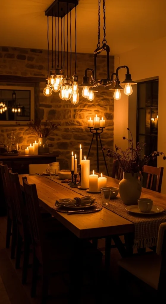 rustic dining room ideas cozy warm lighting pendant bulbs