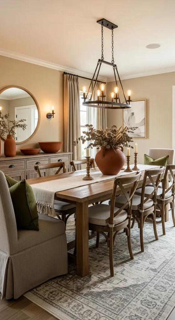 rustic dining room ideas earthy tones beige olive terracotta decor